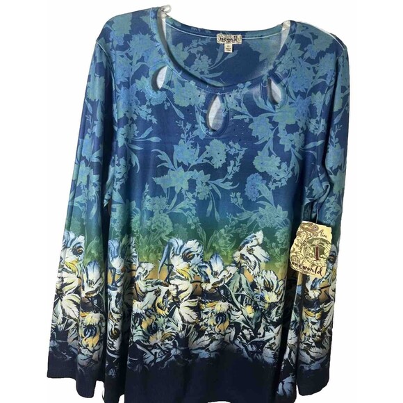 XL One World Blue Floral Woman Top Round Neck - Picture 2 of 8